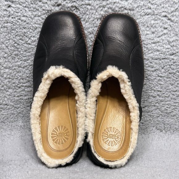 UGG Langford Womens Size 6 Mule Clogs Shoes Black Leather Sheepskin Lined - Picture 5 of 9